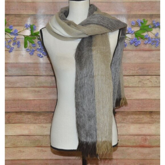 Women's Striped Alpaca Wool Scarf Shawl Size 72 X 24" Neutral Colors So Soft - Picture 4 of 7